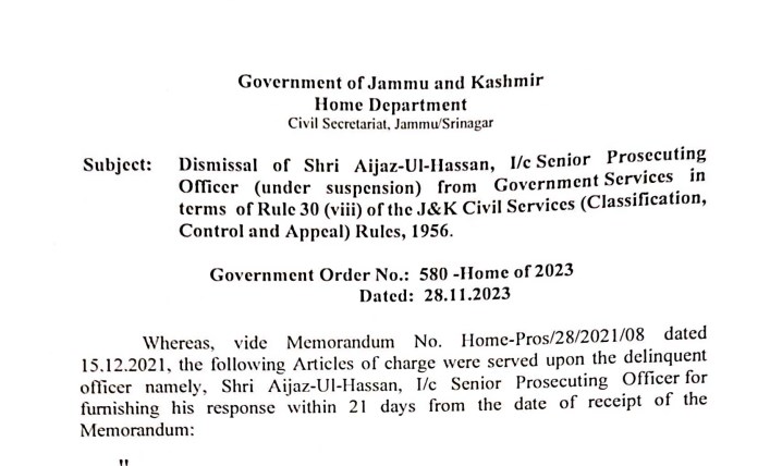 Jammu and Kashmir Home Deptt Dismisses Prosecuting Officer