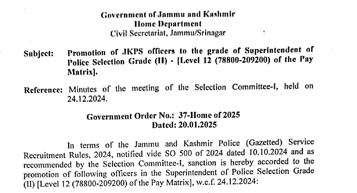 130 JKPS officers placed in selection grade of SP by Government