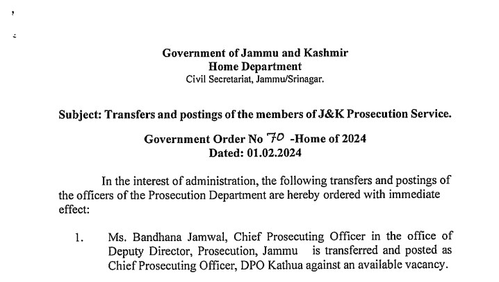 Transfers and postings of the members of J&K Prosecution Service