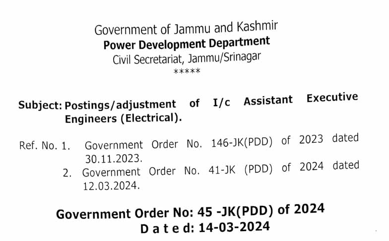 Government orders transfers and postings of 91 AEEs in JKPDD