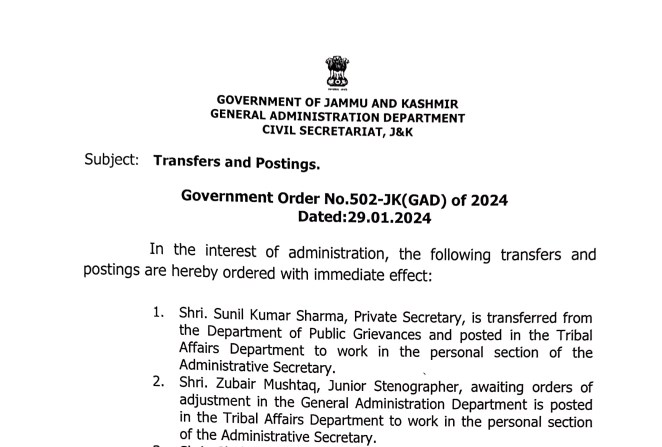 J&K Govt orders transfers andpostings in Civil Secretariat