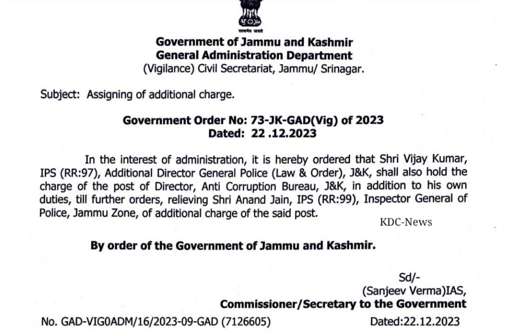 ADGP Law and Order Vijay Kumar Gets Add'l Charge of Director ACB J&K
