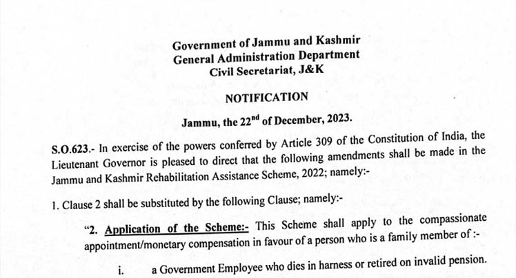 Amendment in the Jammu and Kashmir Rehabilitation Assistance Scheme 2022