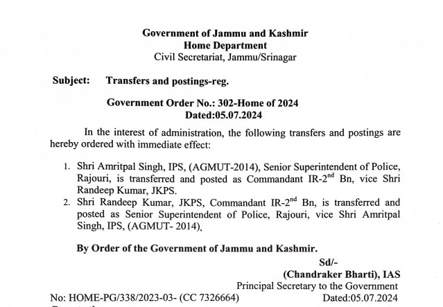Randeep singh posted as SSP Rajouri; Amritpal Singh transferred from Rajouri