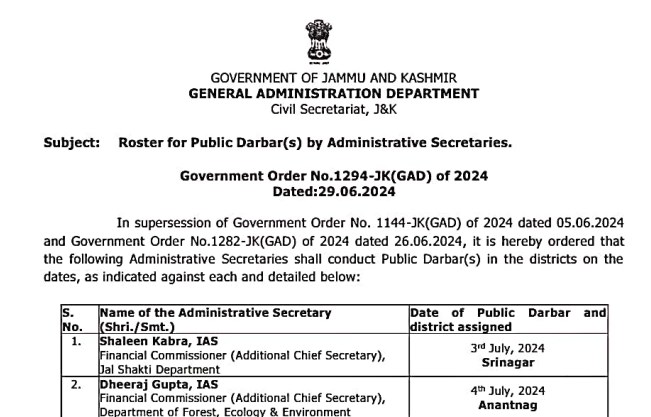 Government issues Roaster for Administrative Secretaries to conduct Public Darbars in all Districts