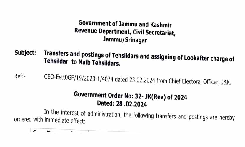 Govt orders Transfers and Postings of Tehsildars 