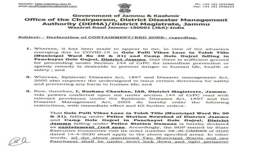 Gole Pulli, Vikas lane in Talab Tillo and Camp Gole Gujral Jammu areas declared as containment/Red zones