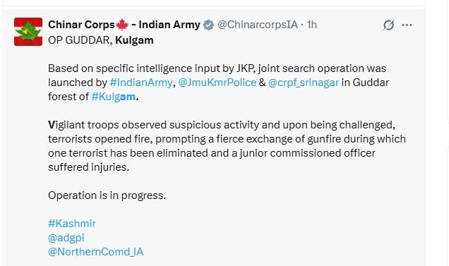 One terrorist killed, soldier injured in encounter in J&K’s Kulgam