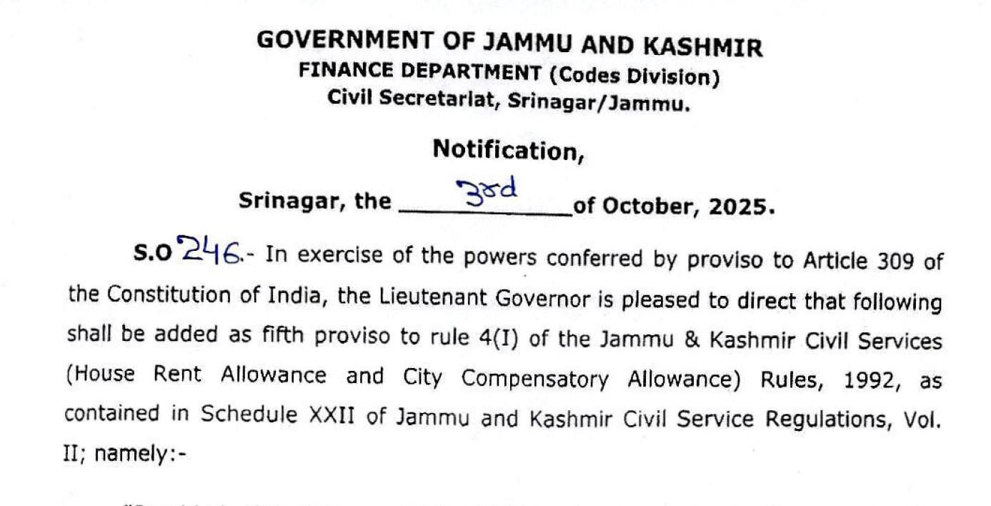 J&K Government enhances HRA by 3%