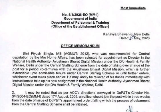 IAS Officer Piyush Singla Appointed Director in Ayushman Bharat Mission in Delhi