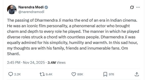 Dharmendra dies: President Murmu, PM Modi express anguish over Bollywood He-Man's demise