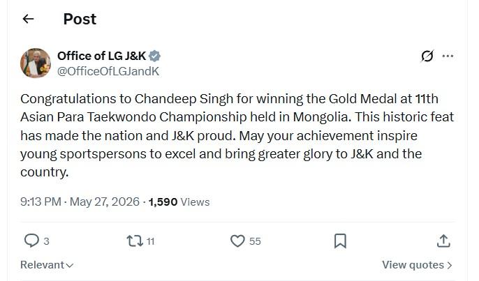 Jammu Kashmir Athlete Secures Gold at Mongolia Para Taekwondo Championship