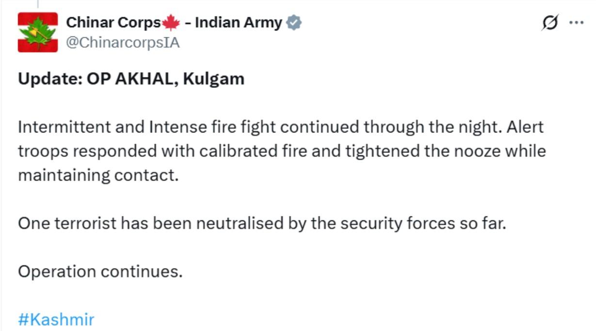 Terrorist killed in ongoing Kulgam encounter: Army