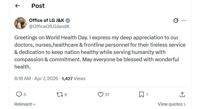 LG Sinha hails healthcare warriors on World Health Day