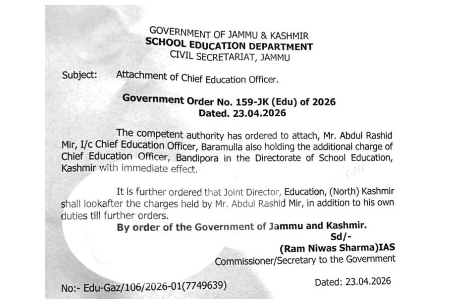J&K: Baramulla CEO Attached, Joint Director Gets Additional Charge