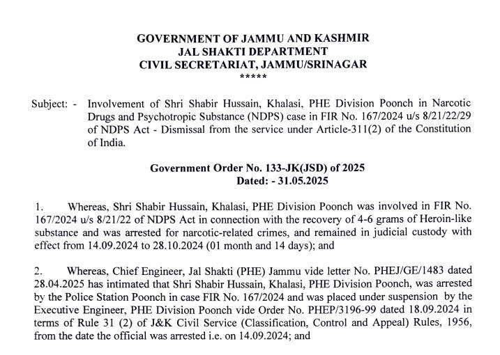 J&K: Jal Shakti Department Dismisses Employee For Involvement In Drug Case