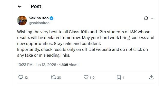 Minister Sakina Itoo extends best wishes to class 10, 12 students ahead of result declaration