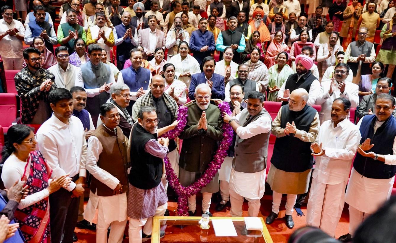 NDA MPs felicitate PM Modi for victory in Bihar