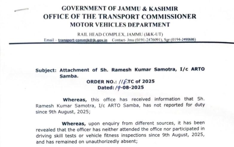 ARTO Samba attached over unauthorized absence, officer shifted to Transport Commissioner’s Office