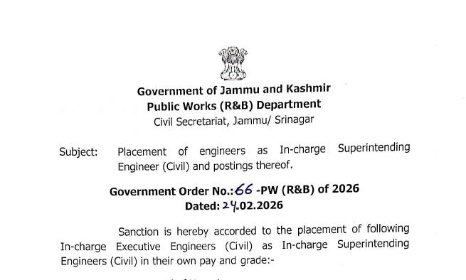 Major Reshuffle in R&B Dept: 13 Executive Engineers Promoted, Arit Gupta Appointed S.E. South Jammu