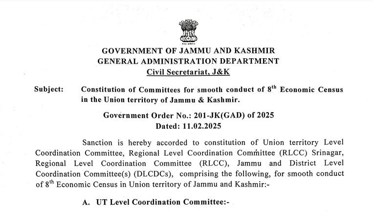 Constitution of Committees for smooth conduct of 8th Economic Census in the UT of Jammu and Kashmir