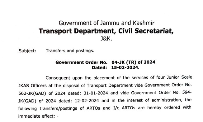 Government ordered transfers and postings of ARTOs