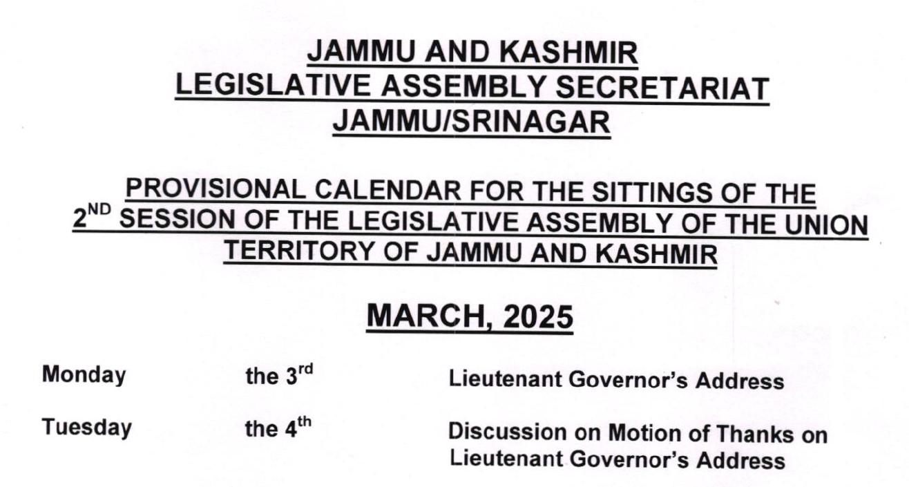 Budget session of J&K Assembly from 3rd March to 25th March