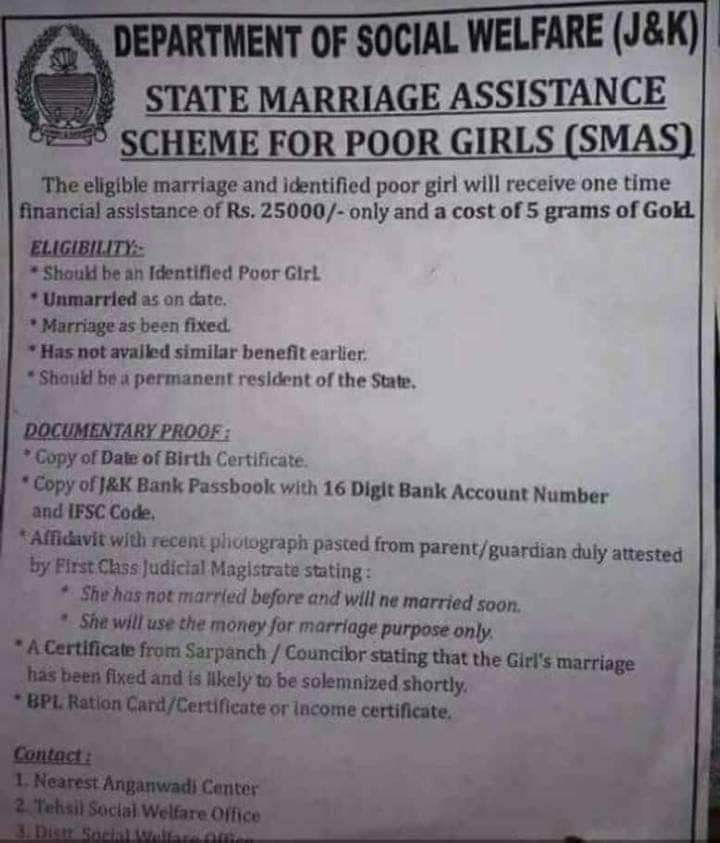 State Social Welfare department announces State Marriage Assistance for Poor Girls