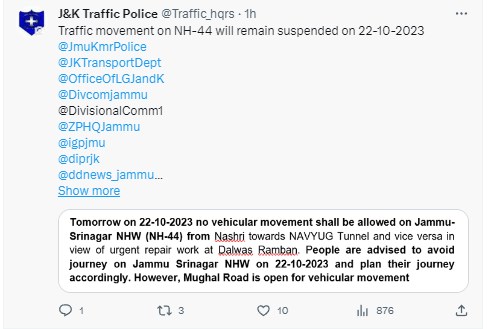 Traffic movement on NH-44 will remain suspended on 22-10-2023