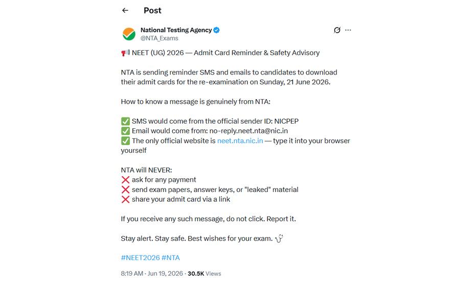 NEET re-exam: NTA issues safety advisory, sends WhatsApp alerts for admit cards