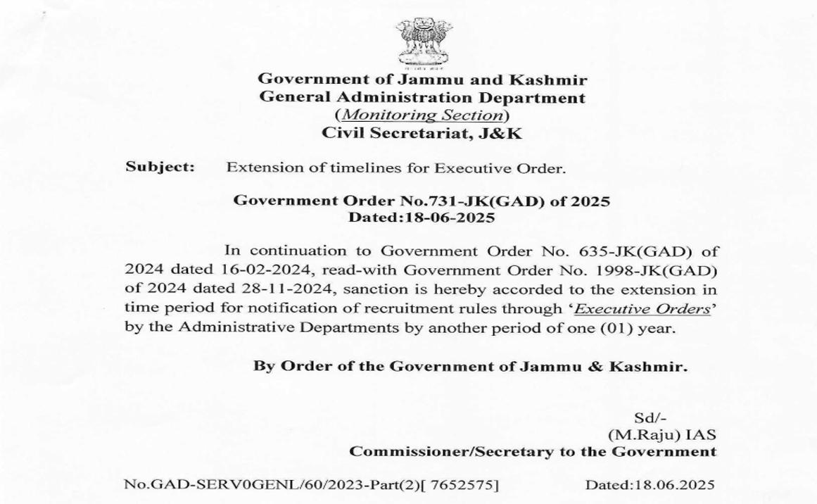 Timeline extended for issuance of recruitment rules via executive orders