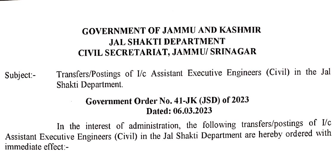 Govt. Orders transfer of 30 AEEs in Jal Shakti Department