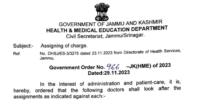 Government assigns additional charge of CMO among others to senior doctors