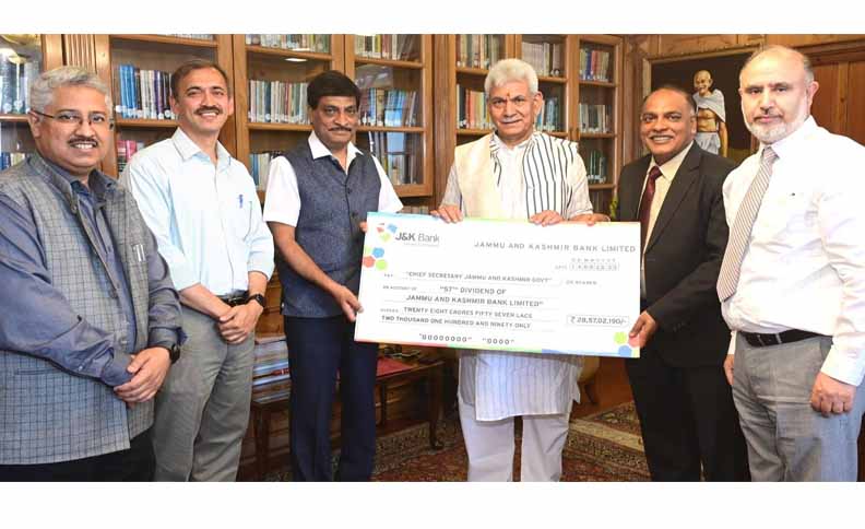 J&K Bank presents dividend cheques to Lt Governor Manoj Sinha